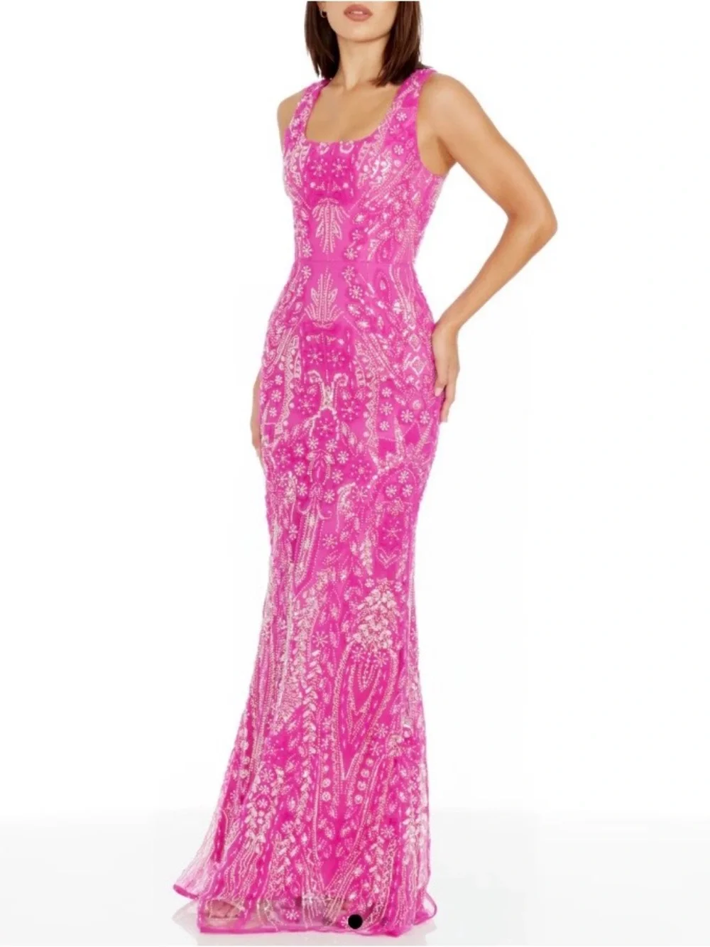 Dress The Population Tyra Bright Fuchsia Square Neck Sequined Dress Size XS Gown - Picture 2 of 9